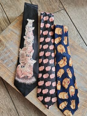 Bundle of 3 Vintage Novelty Pig Theme Neckties - Fun Animal Print Ties